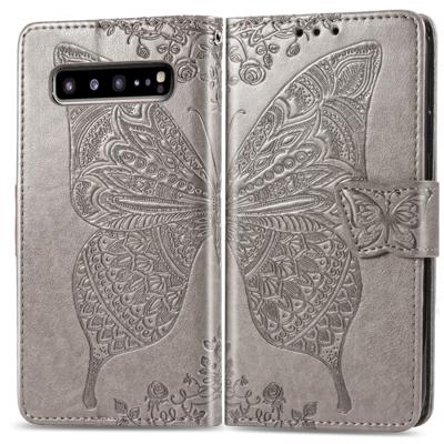 Butterfly Love bloemen reliëf horizontale Flip lederen case voor Galaxy S10 5G met houder & kaartsleuven & portemonnee & Lanyard (grijs)