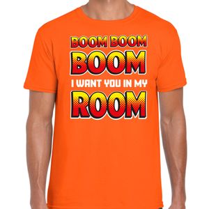 Foute party t-shirt voor heren - Boom boom boom i want you in my room - oranje - carnaval/themafeest