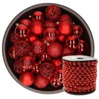 37x stuks kunststof kerstballen 6 cm inclusief kralenslinger rood - thumbnail