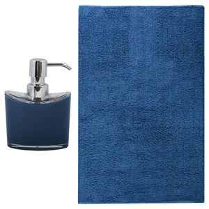 MSV badkamer droogloop mat/tapijt - Sienna - 40 x 60 cm - bijpassende kleur zeeppompje - donkerblauw