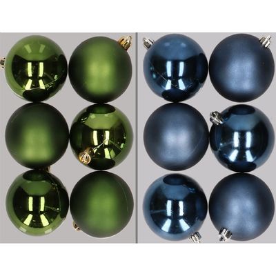 12x stuks kunststof kerstballen mix van donkergroen en donkerblauw 8 cm