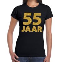 55 jaar goud glitter verjaardag/jubileum kado shirt zwart dames - thumbnail