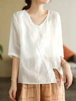 Loose V Neck Casual Cotton And Linen Blouse