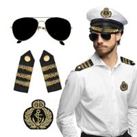 Carnaval verkleed set - luxe kapiteinspet - wit - met epauletten/badge/zonnebril - heren/dames