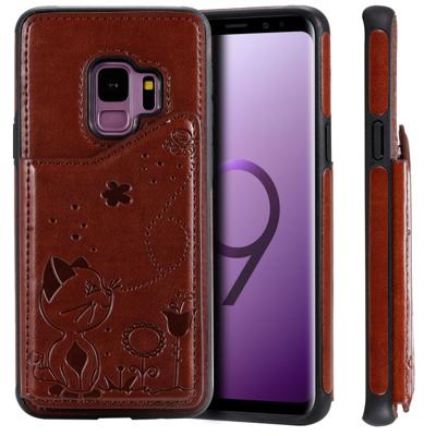 Voor Galaxy S9 kat Bee reliëf patroon schokbestendige beschermende case met kaartsleuven & fotolijstjes (bruin)