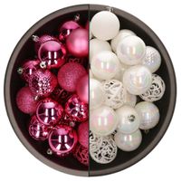 74x stuks kunststof kerstballen mix van fuchsia roze en parelmoer wit 6 cm - thumbnail