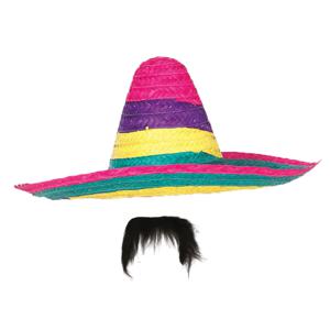 Carnaval verkleed set - Mexicaanse sombrero hoed met plaksnor - gekleurd - heren