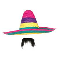 Carnaval verkleed set - Mexicaanse sombrero hoed met plaksnor - gekleurd - heren - thumbnail