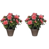 2x Groene Azalea kunstplanten perzikkleurige bloemen 27 cm