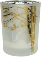 Decoris theelichthouder glas boom met vogel 10x12.5cm winterwit