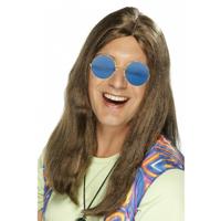 Hippie Sixties verkleed set - Pruik lang haar bruin - bril ronde glazen blauw - heren