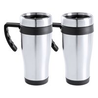 Warmhoudbeker/thermos isoleer koffiebeker/mok - 2x - RVS - zilver/zwart - 450 ml - thumbnail