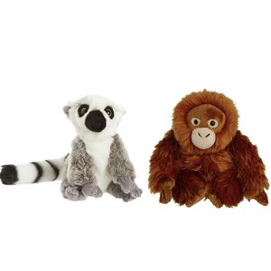 Apen serie zachte pluche knuffels 2x stuks - Maki aap en Orang Utan aap van 18 cm