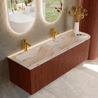 Badmeubel Mondiaz Kurve-Dlux | 145 cm | Meubelkleur Ruby | Wastafelkleur Nata | Solid surface | Dubbel / Links spoelbak | 2 kraangaten