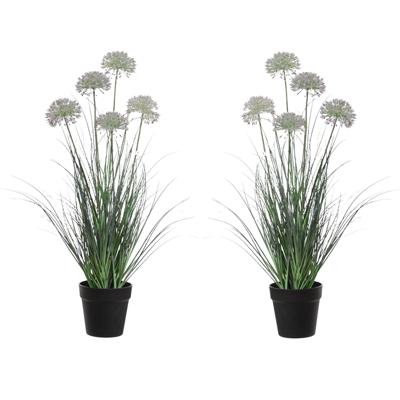 Louis Maes kunstplant - 2x - Siergras Allium - paars/groen - H75 cm - in pot