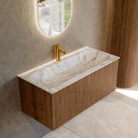 Mondiaz KURVE-DLUX 100 cm Onderkast Greeploos 1 Lade Zonder Deuren Walnut, Wastafel Solid Surface Volledig Glace 1 Kraangat Zonder Spiegel (KRVBGM1001L0D1KM-Wal/Gla)