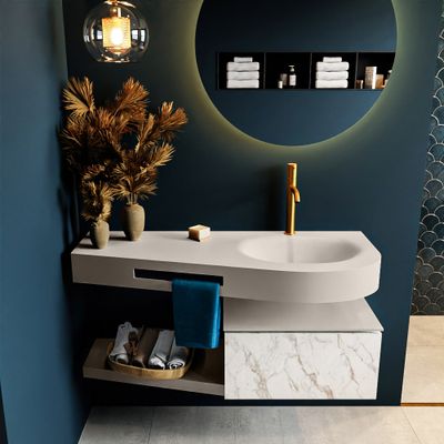 MONDIAZ RIVA 120cm badmeubel onderkast / planchet kleur carrara met 1 lade. Wastafel DULCET rechts 1 kraangat kleur Linen. MONDIAZ RIVA 120cm badmeubel onderkast / planchet kleur carrara met 1 lade. Wastafel DULCET rechts 1 kraangat kleur Linen.