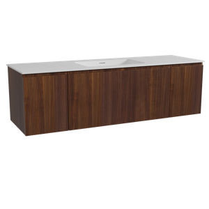 Storke Ribs zwevend badmeubel 165 x 52 cm notenhout met Mata enkele wastafel in solid surface mat wit, Verticale symmetrische rechte ribbel