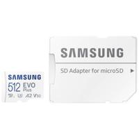 Samsung EVO Plus SDXC-kaart 512 GB Class 10, Class 10 UHS-I, UHS-I, v30 Video Speed Class A2-vermogensstandaard, Incl. SD-adapter, Schokbestendig