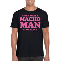 Foute party t-shirt voor heren - macho man - zwart - glitter roze - carnaval/themafeest