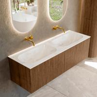 Mondiaz KURVE-DLUX 140 cm Onderkast Greeploos 2 Lades Zonder Deuren Walnut, Wastafel Solid Surface Dubbel Ostra 0 Kraangaten Zonder Spiegel (KRVSTS1402L0D0KD-Wal/Ost)