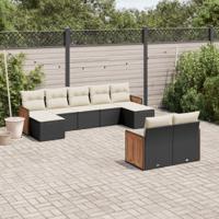 9-delige Loungeset met kussens poly rattan zwart