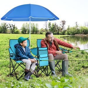 Campingstoel met Parasol Klapstoel voor Koppels Dubbele Visstoel Opvouwbaar met Bekerhouder Koeltas 55 x 85 x 161 cm (Turkoois Groen)