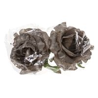 2x stuks decoratie bloemen roos zilver glitter op clip 10 cm
