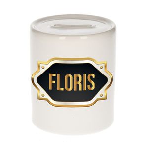 Naam cadeau spaarpot Floris met gouden embleem