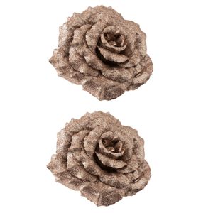 6x stuks decoratie bloemen roos champagne glitter op clip 18 cm