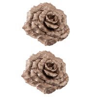 6x stuks decoratie bloemen roos champagne glitter op clip 18 cm