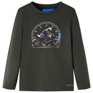 Kindershirt met lange mouwen motorprint 140 kakikleurig