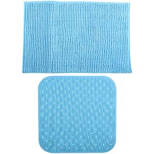 MSV Douche anti-slip mat en droogloop mat - Sevilla badkamer set - rubber/microvezel - lichtblauw