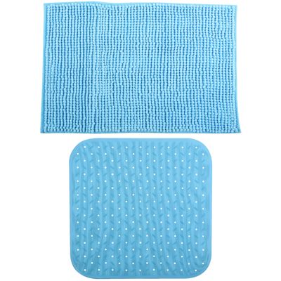 MSV Douche anti-slip mat en droogloop mat - Sevilla badkamer set - rubber/microvezel - lichtblauw
