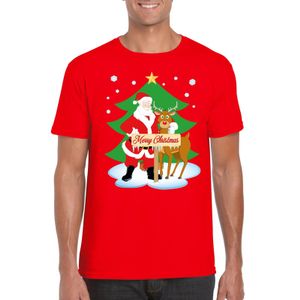 Foute Kerst t-shirt kerstman en rendier Rudolf rood heren