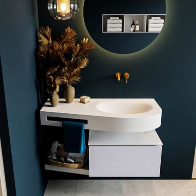 MONDIAZ RIVA 100cm badmeubel onderkast / planchet kleur Cale met 1 lade. Wastafel DULCET rechts 0 kraangaten kleur Talc.