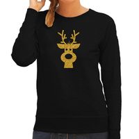 Rendier hoofd Kerst sweater / trui zwart voor dames met gouden glitter bedrukking - thumbnail