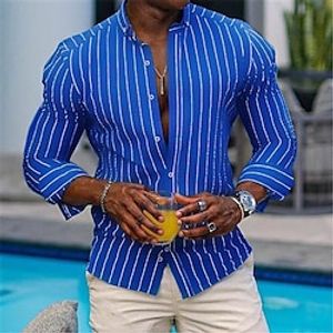 Voor heren Overhemd Zomer overhemd Strand Kleding Overhemd met knopen Normaal shirt Intens roze Blauw Groen Lange mouw Gestreept Buttondown boord Dagelijks Vakantie Kleding Modieus Casual Comfortabel Lightinthebox