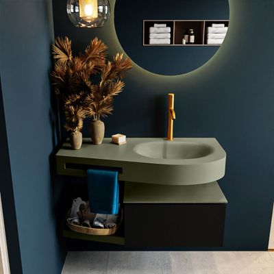 MONDIAZ RIVA 100cm badmeubel onderkast / planchet kleur Urban met 1 lade. Wastafel DULCET rechts 1 kraangat kleur Army. MONDIAZ RIVA 100cm badmeubel onderkast / planchet kleur Urban met 1 lade. Wastafel DULCET rechts 1 kraangat kleur Army.