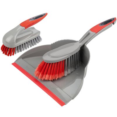 2-Delige schoonmaakset schrobborstel en stoffer en blik rood/grijs