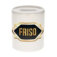 Spaarpot met voornaam Friso - wit - goud/zwart embleem - 8 x 9 cm - keramiek - afsluitdop