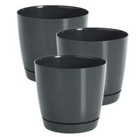 Plantenpot/bloempot met opvangschaal - Set van 3x stuks - kunststof - antraciet - D16 x H14 cm - bin