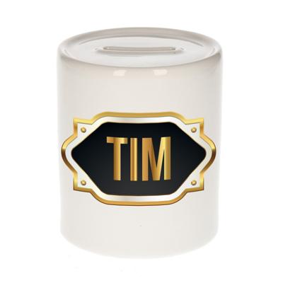 Spaarpot met voornaam Tim - wit - goud/zwart embleem - 8 x 9 cm - keramiek - afsluitdop