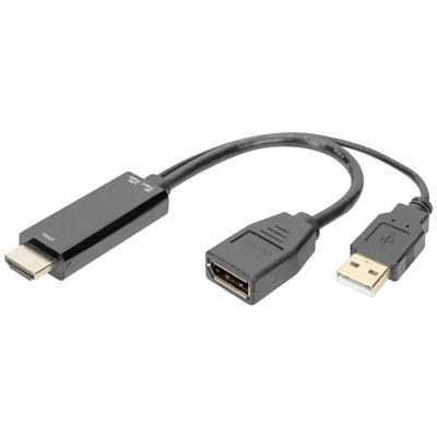 Digitus AK-330101-002-S HDMI-kabel DisplayPort / HDMI / USB Aansluitkabel DisplayPort-bus, HDMI-A-stekker, USB-A stekker 0.2 m Zwart 4K UHD, Afgeschermd