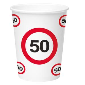 50 jaar verjaardag print drinkbekers - 8x stuks - karton - 350 ml - Stopbord/verkeersbord thema