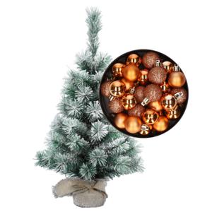 Besneeuwde mini kerstboom/kunst kerstboom 35 cm met kerstballen koper - Kunstkerstboom