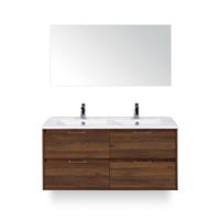 Porto Badmeubelset 120 cm - 4 laden Walnoot - Keramische Wastafel Wit Slim - met Spiegel