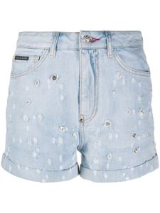 Philipp Plein short en jean à ornements en cristal - Bleu