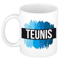 Teunis naam cadeau koffie mok - beker - met blauw verfstrepen - Cadeau collega - vaderdag