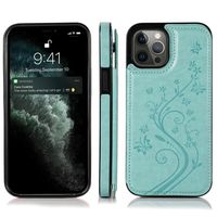 iPhone 12 Pro hoesje - Backcover - Pasjeshouder - Portemonnee - Bloemenprint - Kunstleer - Turquoise - thumbnail